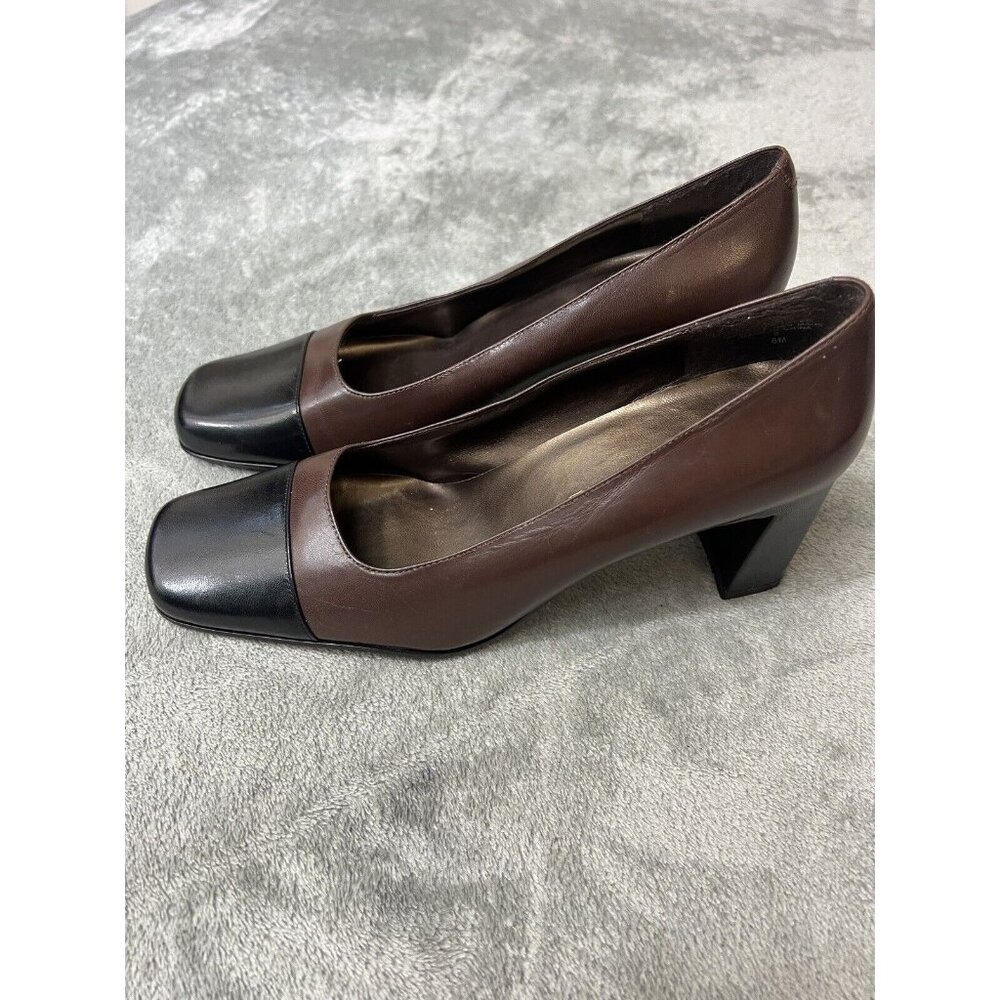 Bandolino Brown Black Square Toe Leather Heels Shoes 6M Business, Career, City